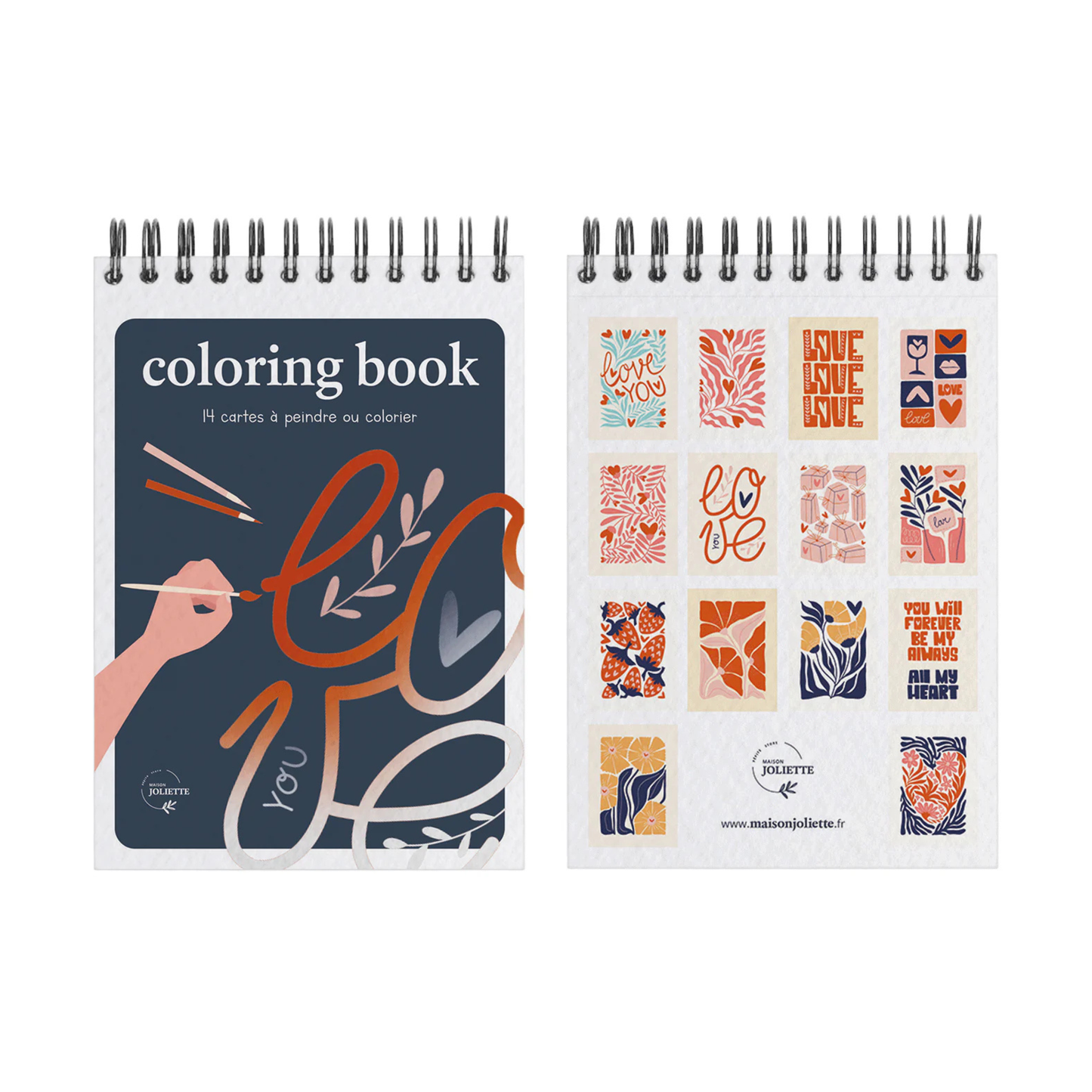 Carnet de coloriage à spiral, 14 pages épaisses détachables, modèle LOVE.