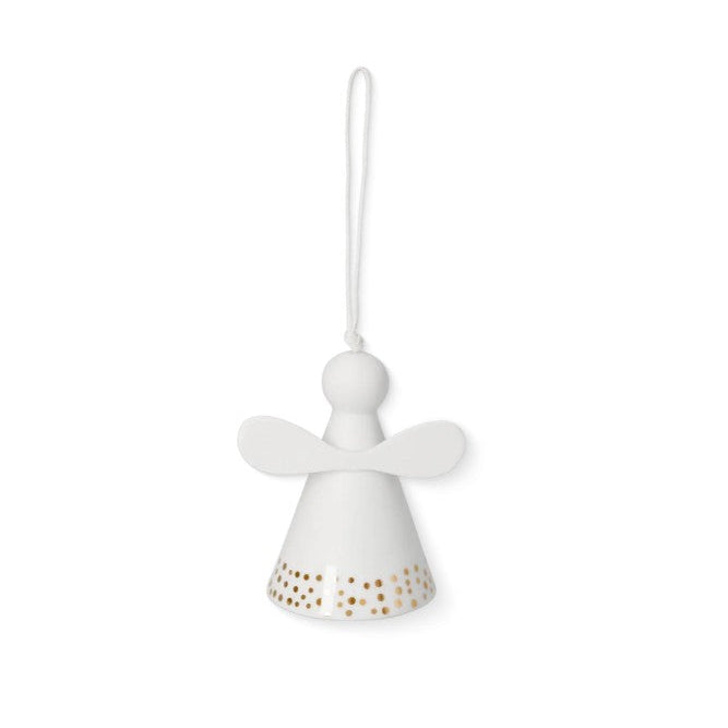 Cloche en porcelaine en forme d'ange avec pois dorés, dos.