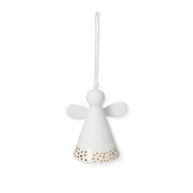 Cloche en porcelaine en forme d'ange avec pois dorés.