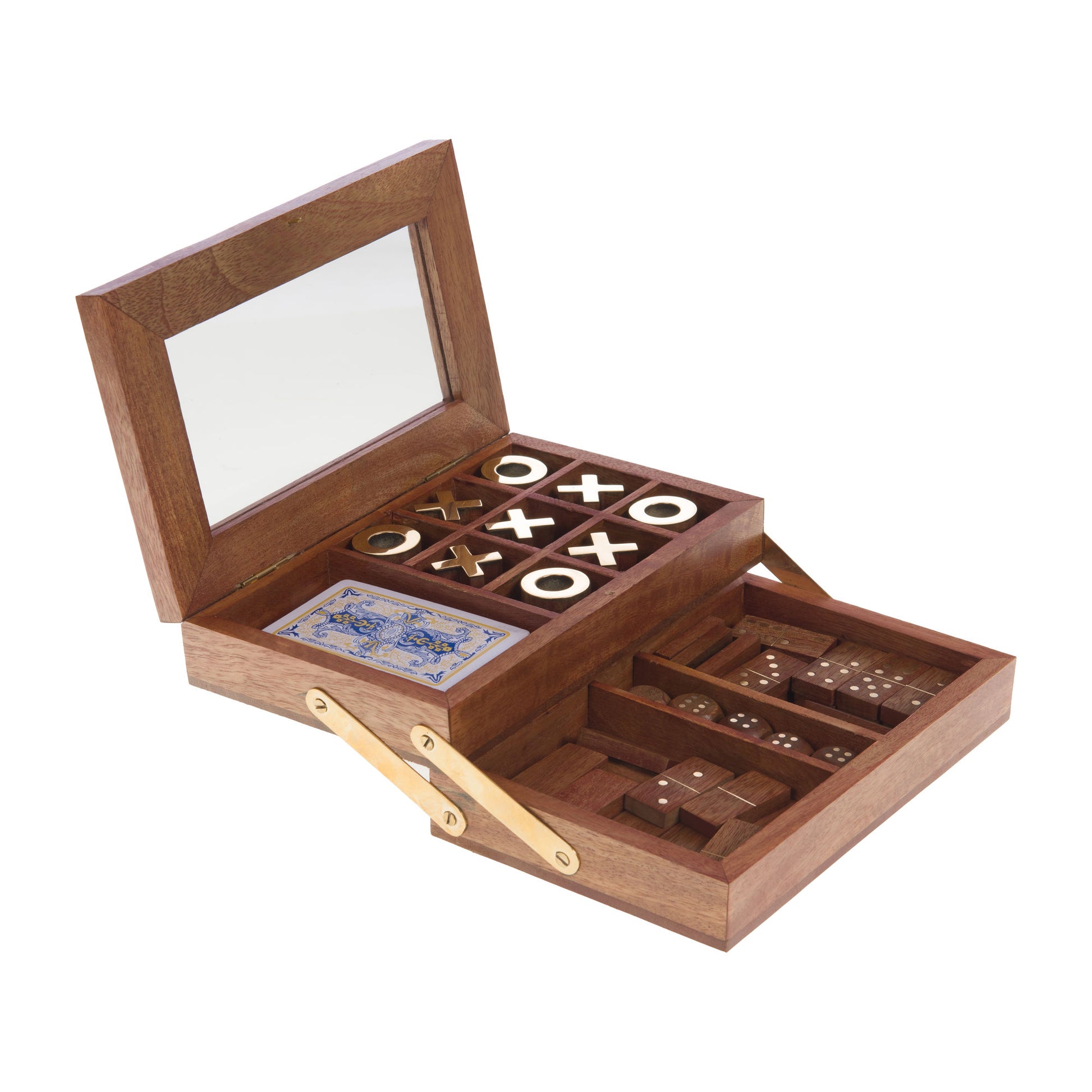 COFFRET COMPLET DE JEU EN BOIS : CARTE, DOMINOS , tic tac toe - LA PETITE BOITE JAUNE