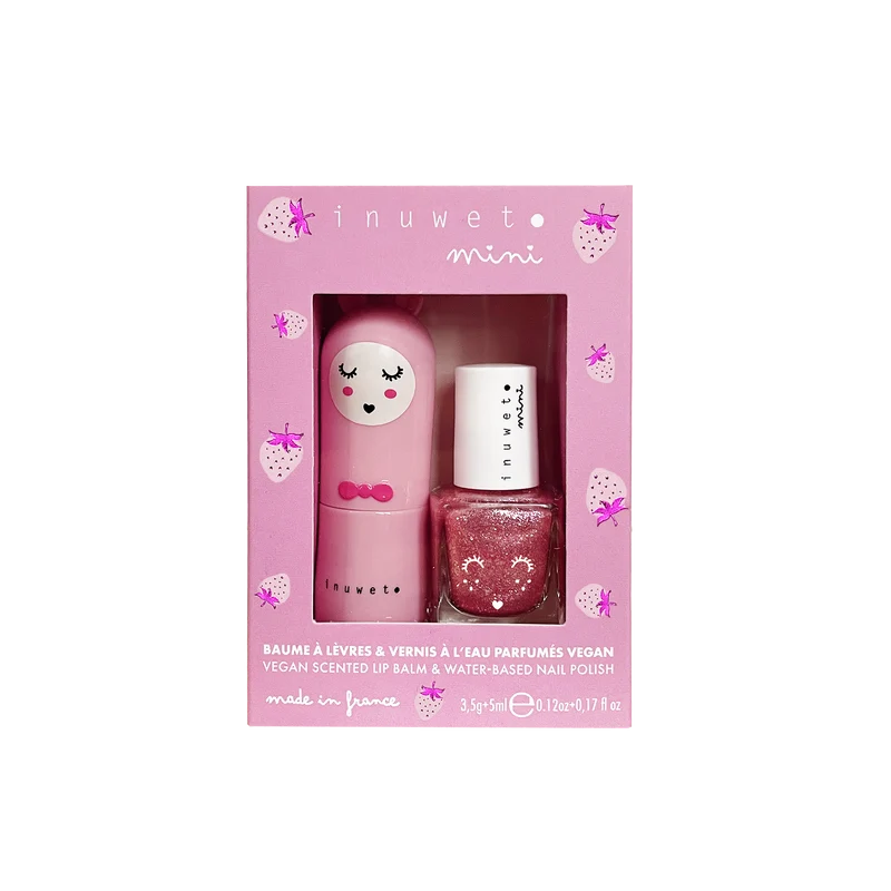 Petit coffret pour enfant regroupant un baume à lèvre à la fraise et un vernis à l'eau à la fraise. 