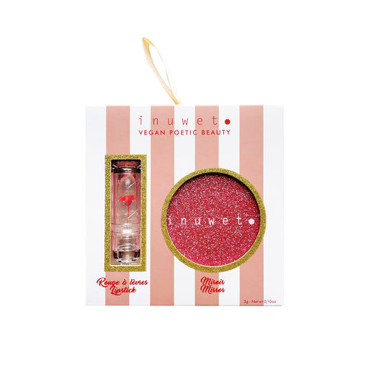 Petit coffret maquillage regroupant un rouge à lèvres hydratant et un miroir de poche.