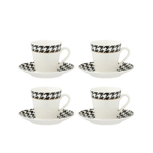 Coffret de 4 tasses et sous-tasses assorties au motif pied-de- poule noir et blanc. 
