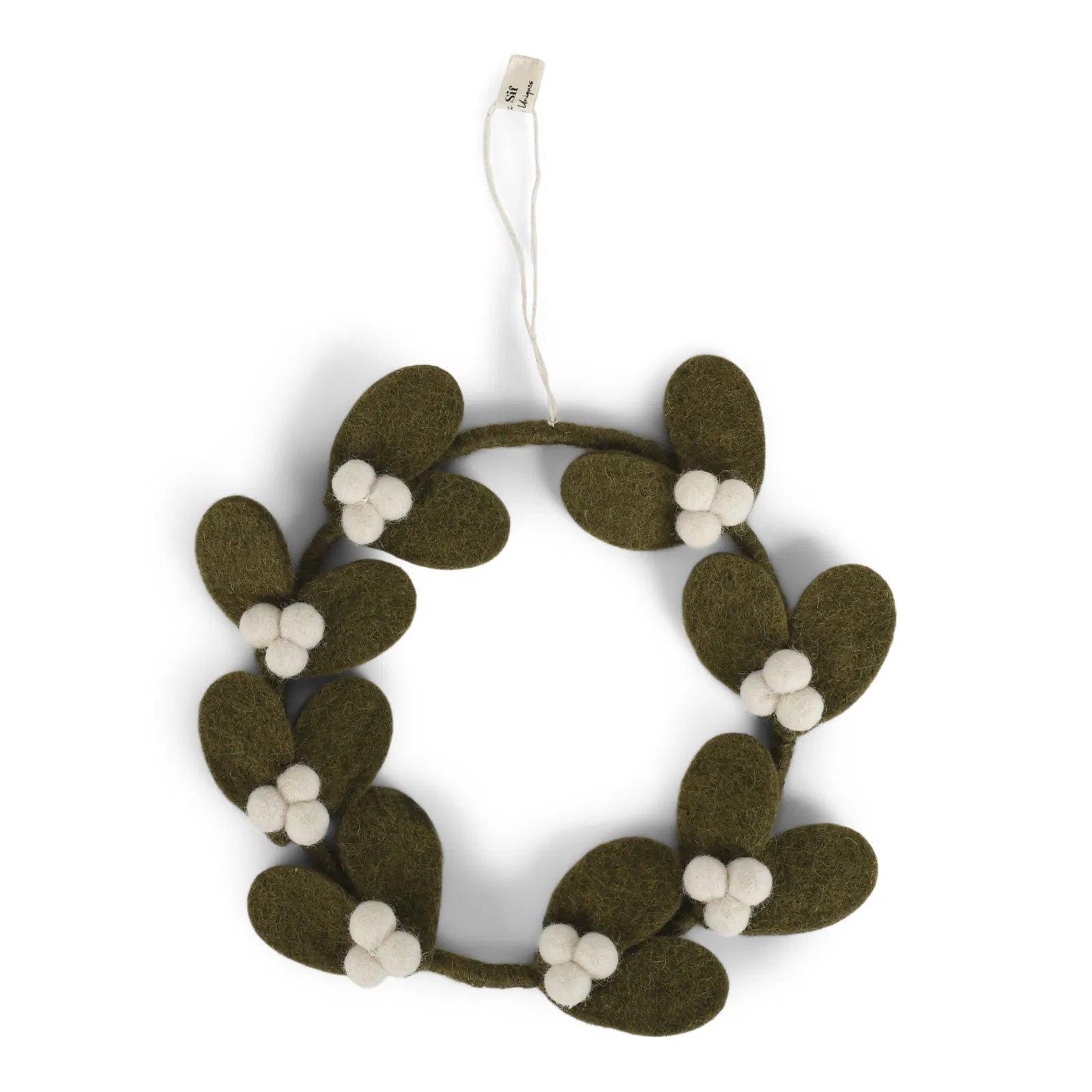 Couronne de gui blanc avec feuilles vertes en laine. 