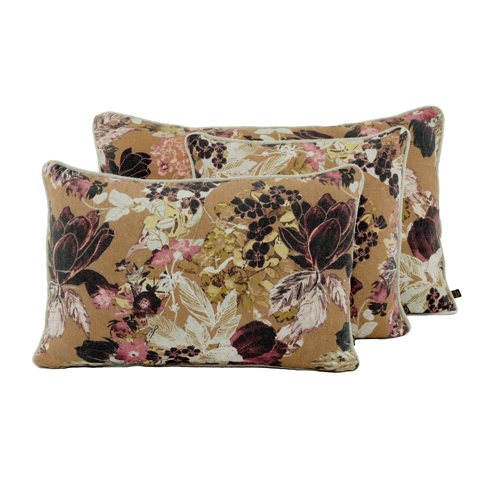 Coussin carré en lin, housse avec imprimé floral dans les tons gold, violet et rose. 