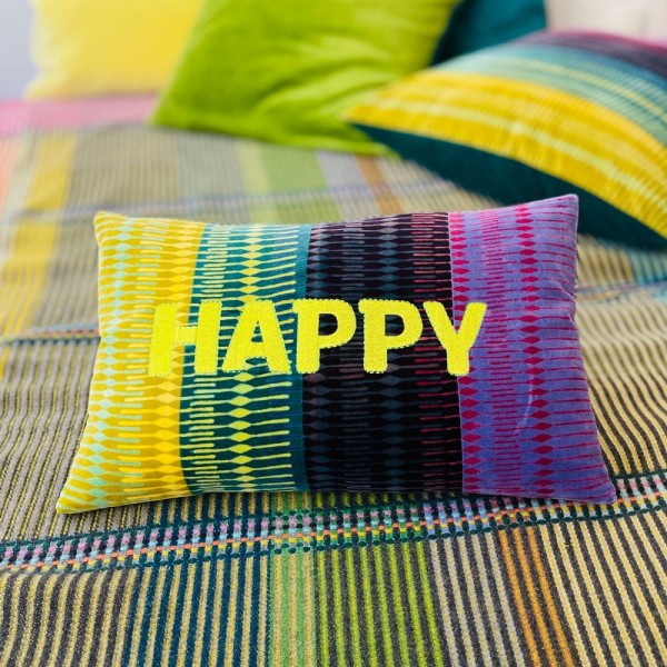 COUSSIN VELOURS MULTICOLORE BRODE HAPPY - LA PETITE BOITE JAUNE