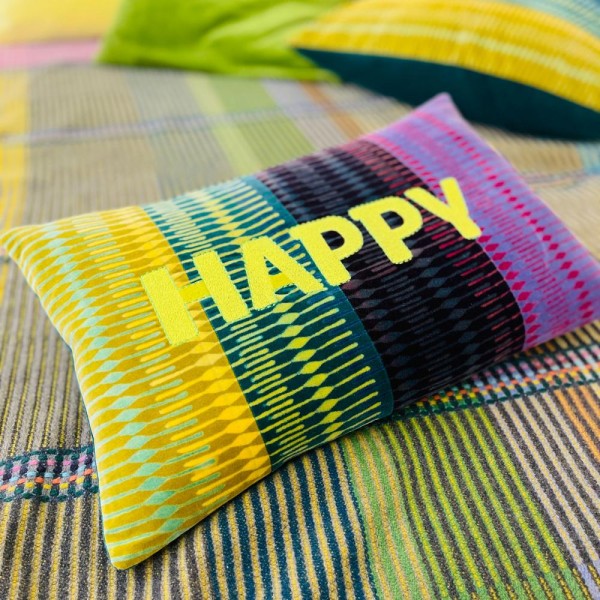 COUSSIN VELOURS MULTICOLORE BRODE HAPPY - LA PETITE BOITE JAUNE