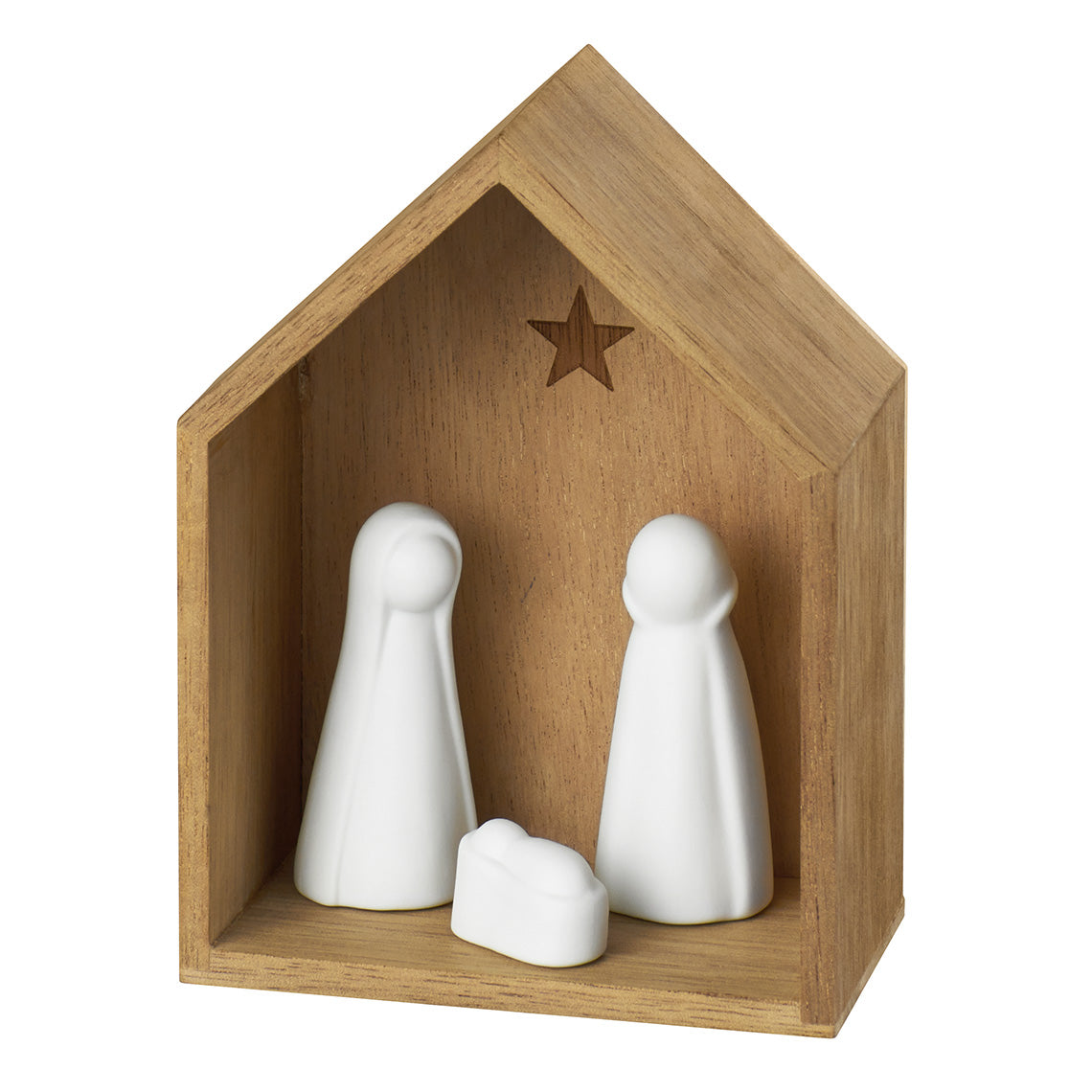 Petite crèche en bois abritant trois figurines en porcelaine. 