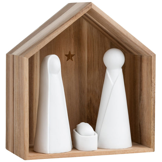 Grande crèche en bois abritant trois figurines en porcelaine. 