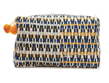Trousse de toilette en coton imprimé avec zip et pompons