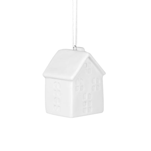Décoration de Noël à suspendre en forme de maison en volume en porcelaine blanche. 