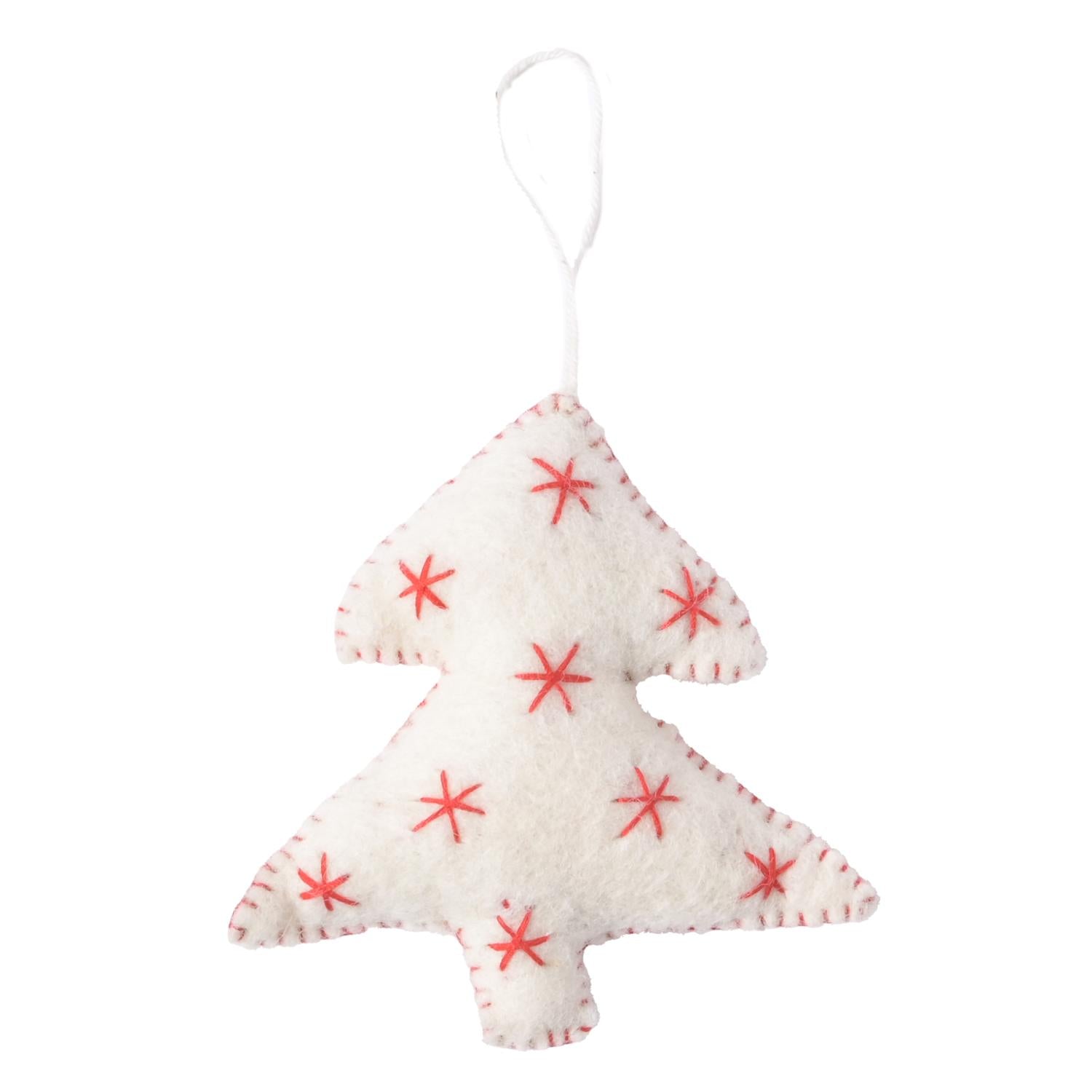 Décoration de Noël en laine feutrée à suspendre en forme de sapin, blanc et rouge.