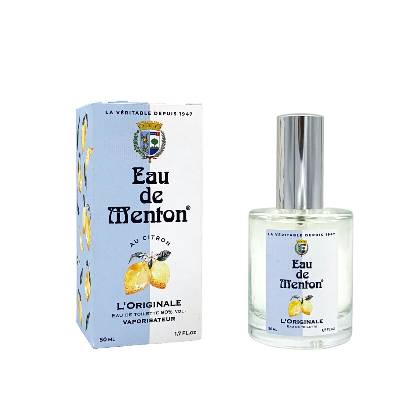 Eau de Menton L'Originale, flacon de 50ml, eau de toilette citronnée.