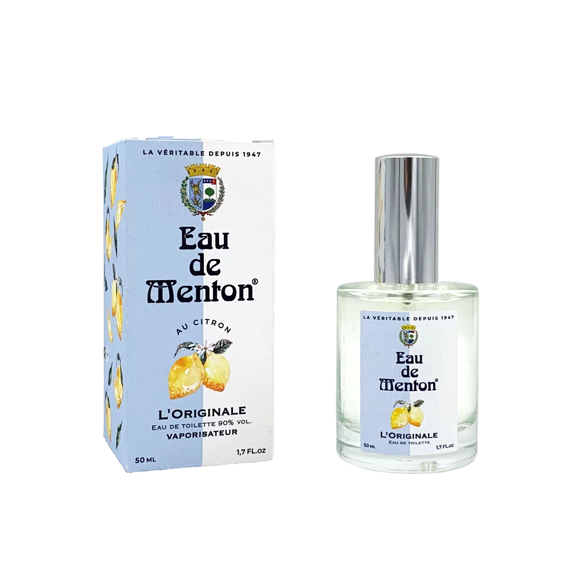 Eau de Menton L'Originale, flacon de 50ml, eau de toilette citronnée.