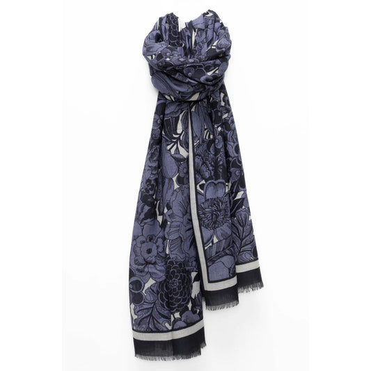 Echarpe fine en coton et laine avec dessin floral, coloris bleu marine.