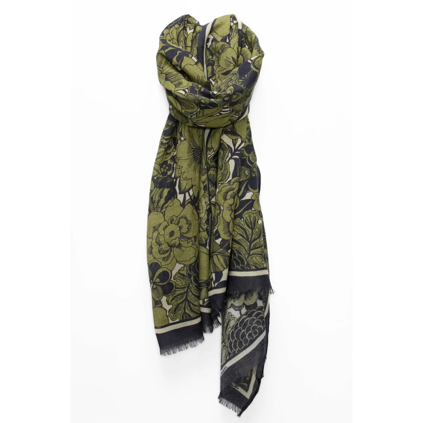 Echarpe fine en coton et laine avec dessin floral, coloris vert olive.