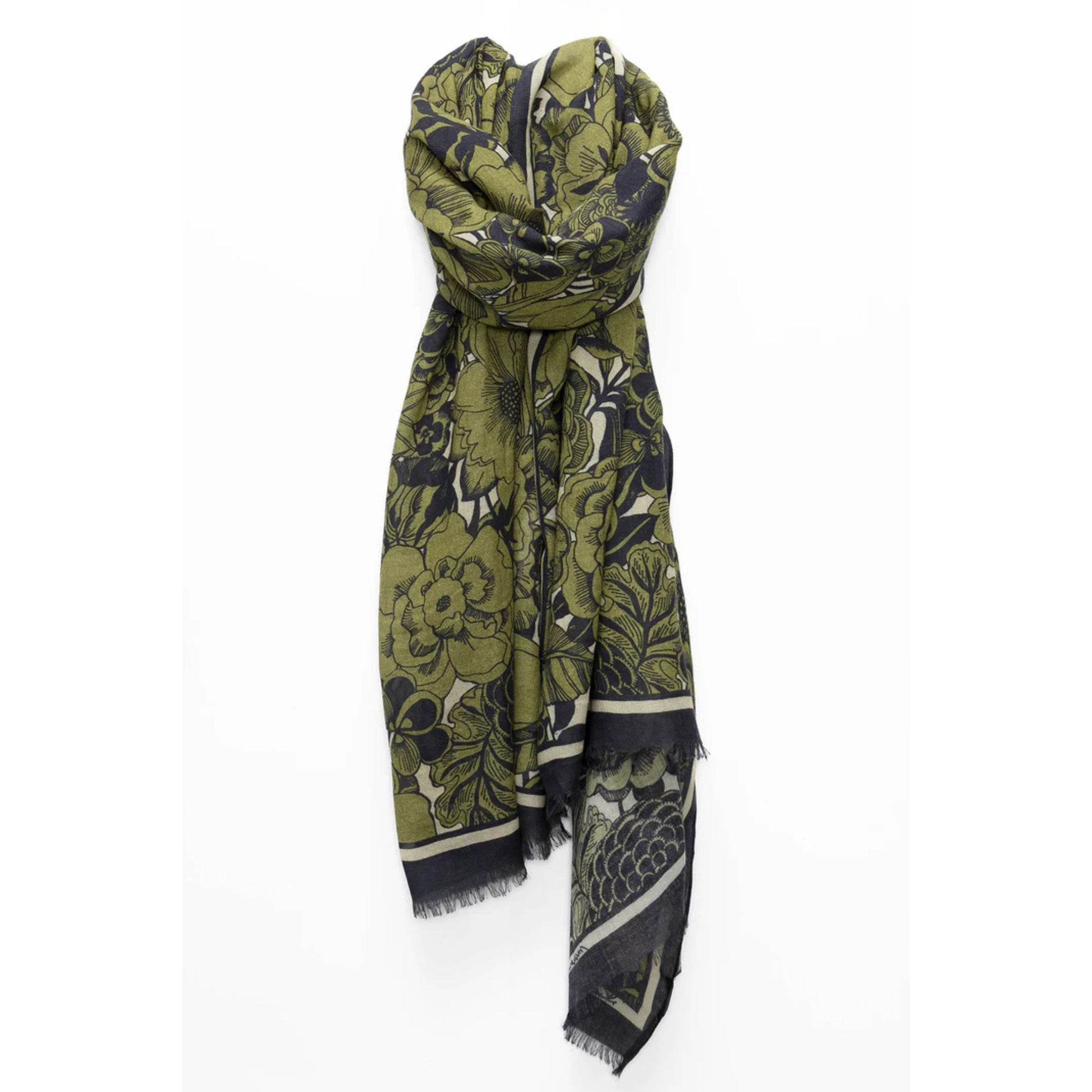 Echarpe fine en coton et laine avec dessin floral, coloris vert olive.