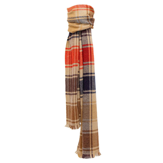 Echarpe en laine à motifs écossais dans les tons orange, marron, beige et bleu foncé