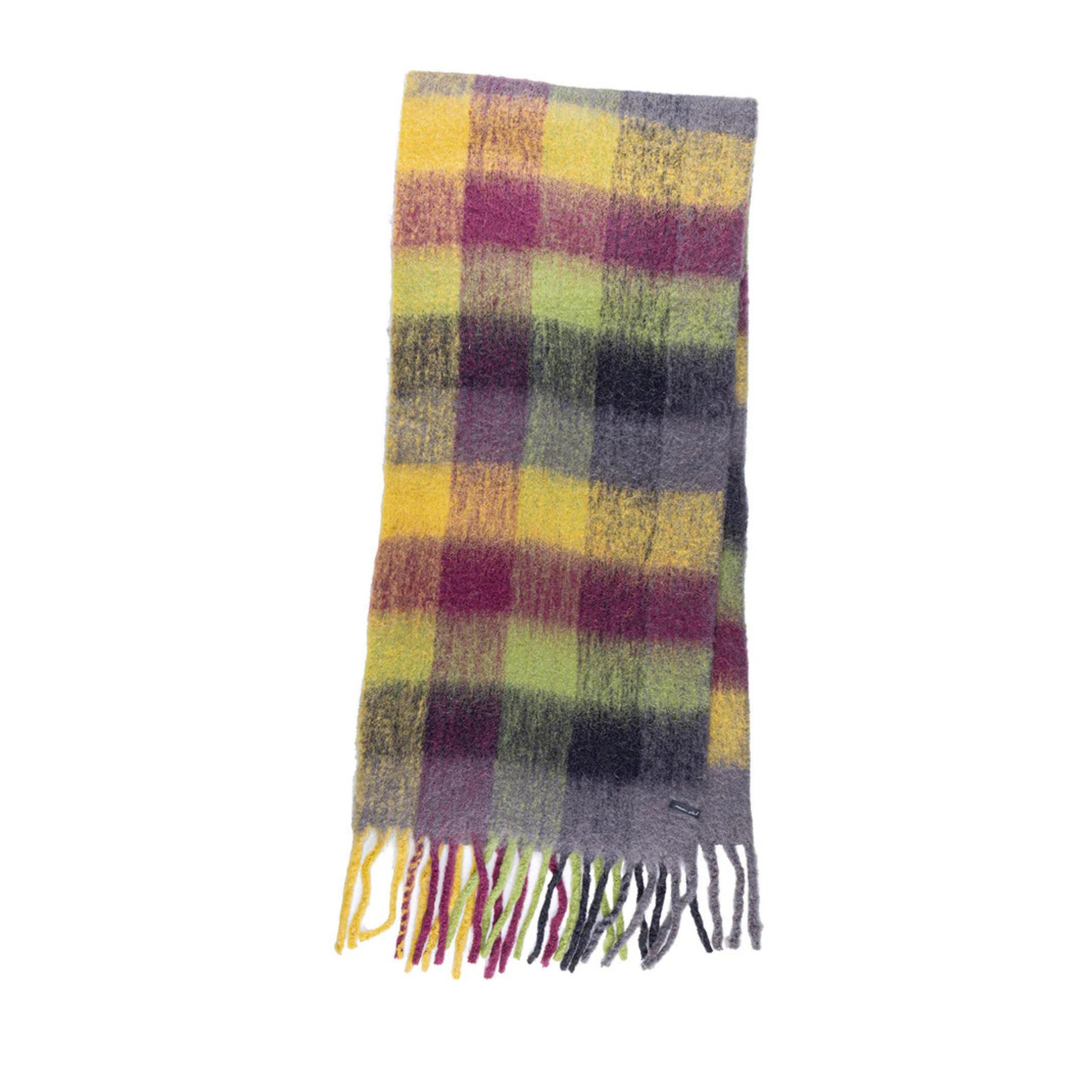 Echarpe moelleuse à carreaux colorés : jaune, vert anis, cerise et grise.