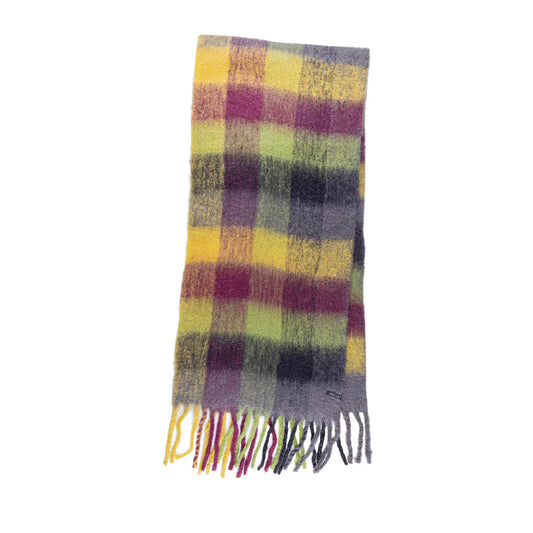 Echarpe moelleuse à carreaux colorés : jaune, vert anis, cerise et grise.
