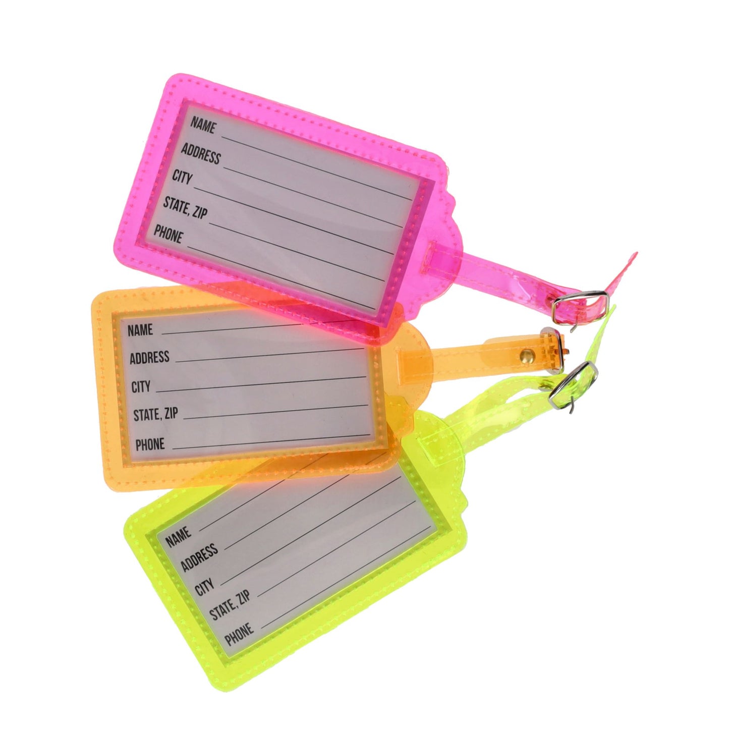 Etiquettes à bagage jaune, orange ou rose fluo. 