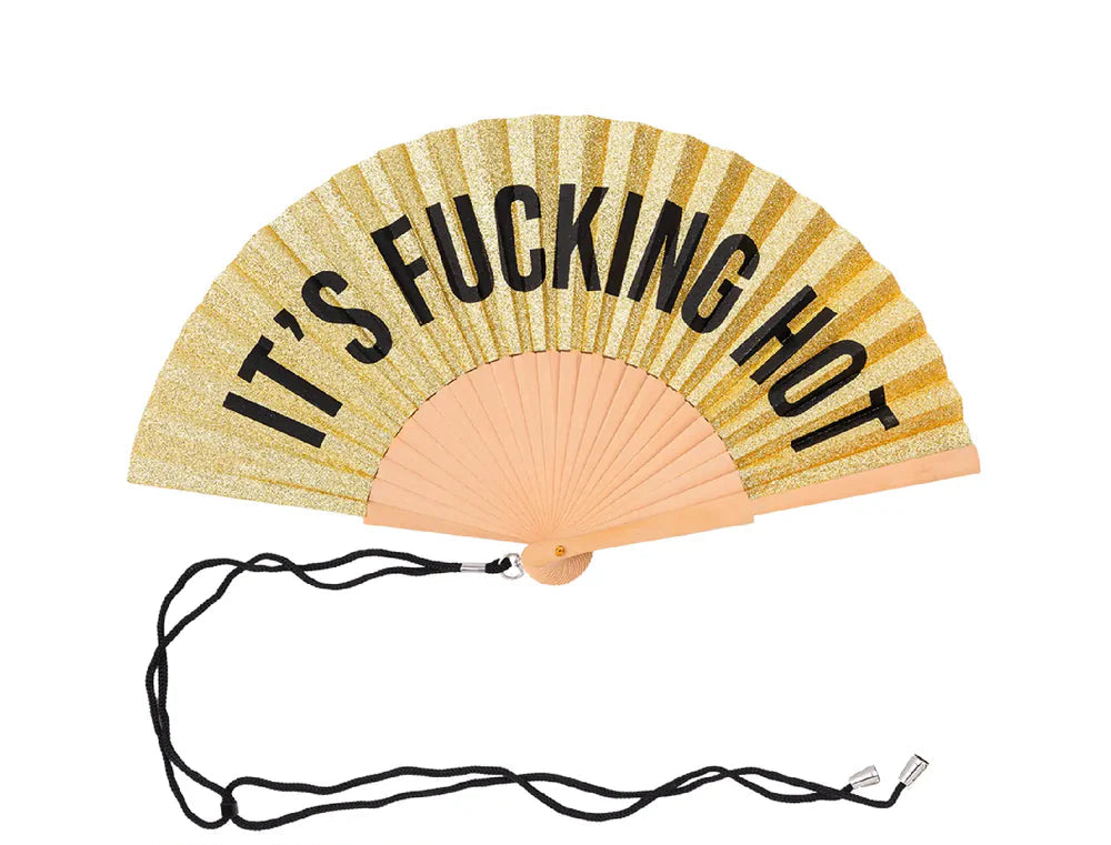 Eventail à paillettes dorées avec message "It's Fucking hot".