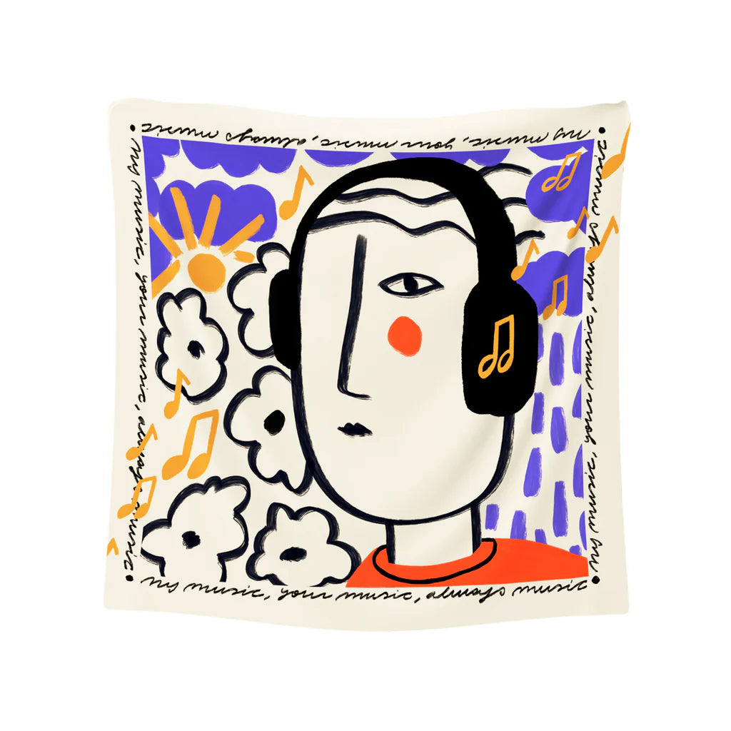 Foulard en satin avec un portrait sur le thème de la musique, coloris bleu, rouge, blanc et noir.