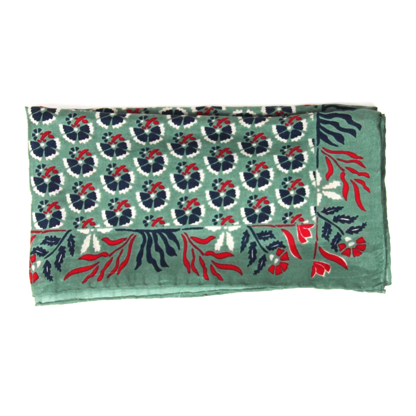 Foulard carré en soie avec motif floral, dans les tons vert, bleu foncé et rouge. 