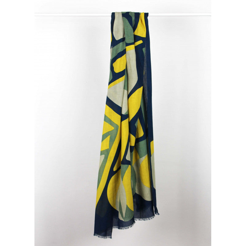 Foulard en coton bio, modèle Cosmopolis, motif géométrique et urbain, coloris bleu foncé, jaune et vert amande. 