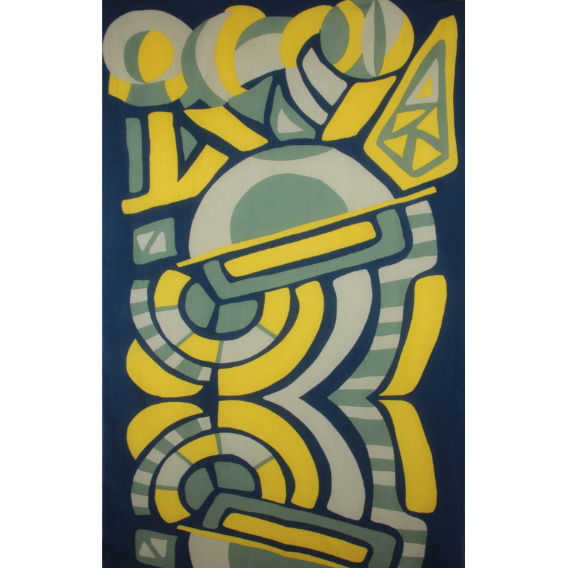 Foulard en coton bio, modèle Cosmopolis, motif géométrique et urbain, coloris bleu foncé, jaune et vert amande. 