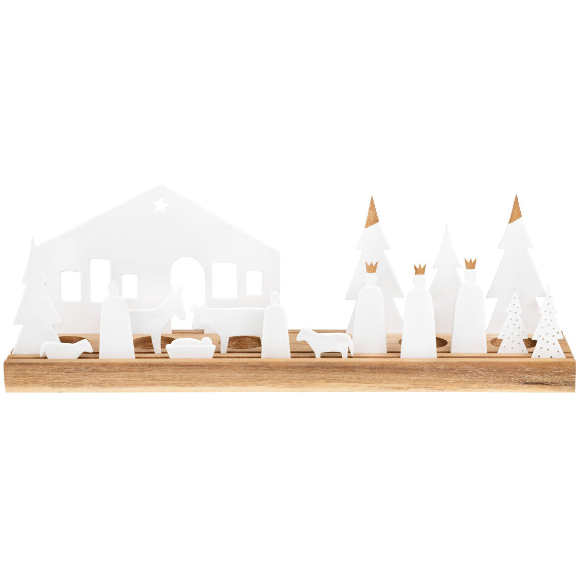 Crèche en porcelaine avec tous ses sujets en porcelaine sur plateau en bois rainuré.