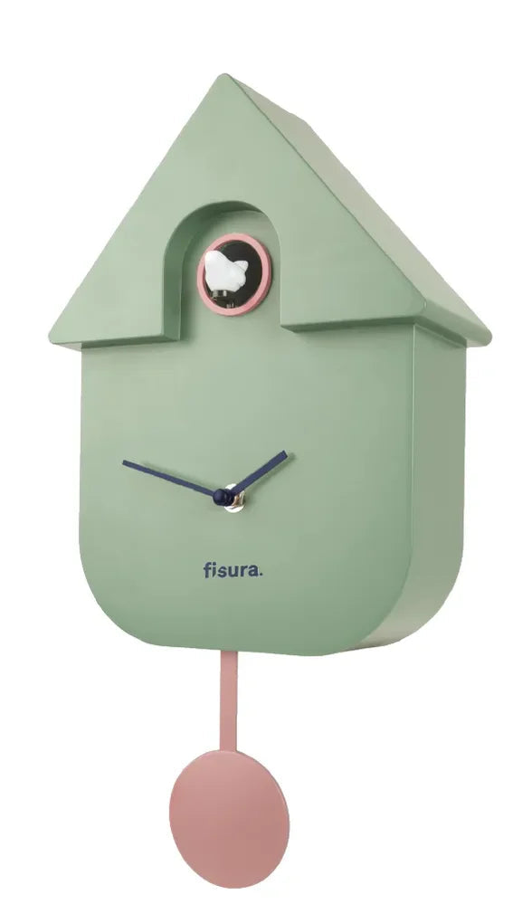Horloge coucou, coloris vert menthe avec pendule rose.