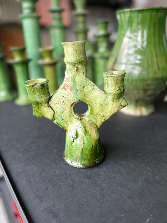 Bougeoir triangle 3 branches en poterie traditionnelle de Tamegroute