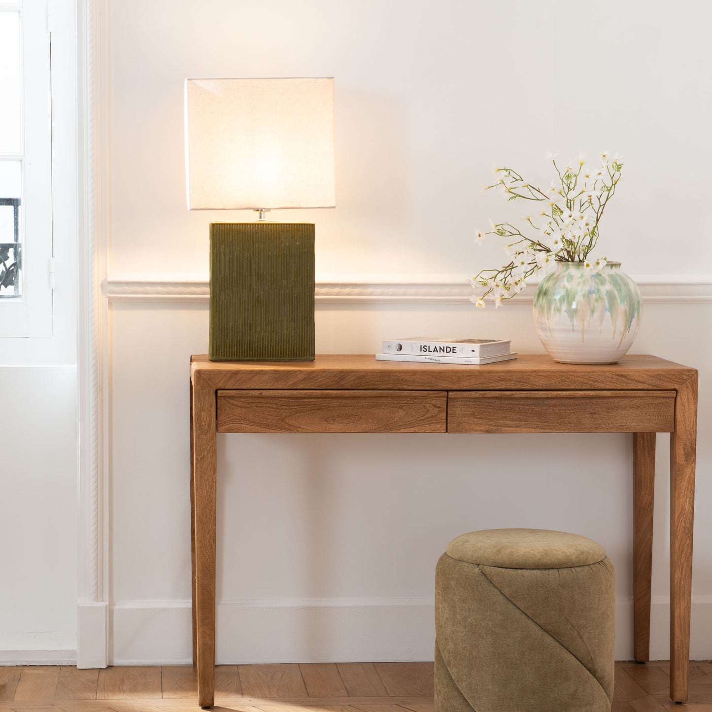 Lampe à poser rectangulaire – Socle texturé et abat-jour assorti