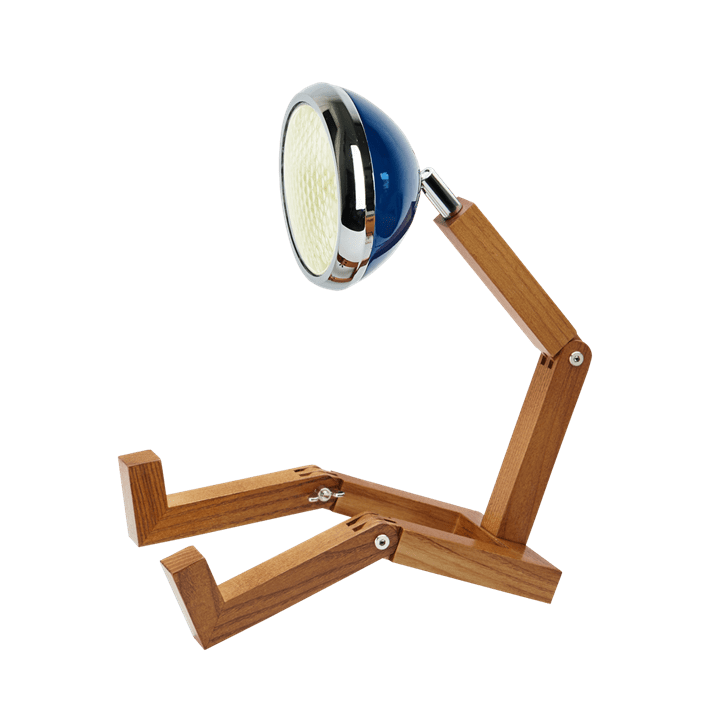 Lampe à poser en forme de bonhomme articulé avec un phare à la place de la tête, coloris bleu.