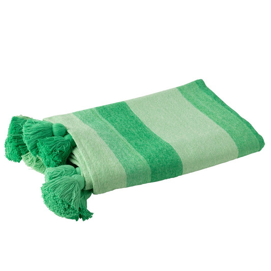 Plaid en coton à rayures et gros pompons vert