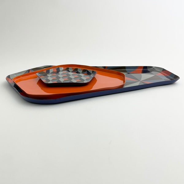 Plateaux vintage "Diamant" bleu et orange (set de 3)