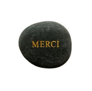 galet en pierre avec merci en doré 