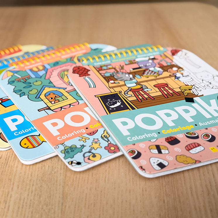 Carnets de coloriages effaçables Poppik, différents thèmes.