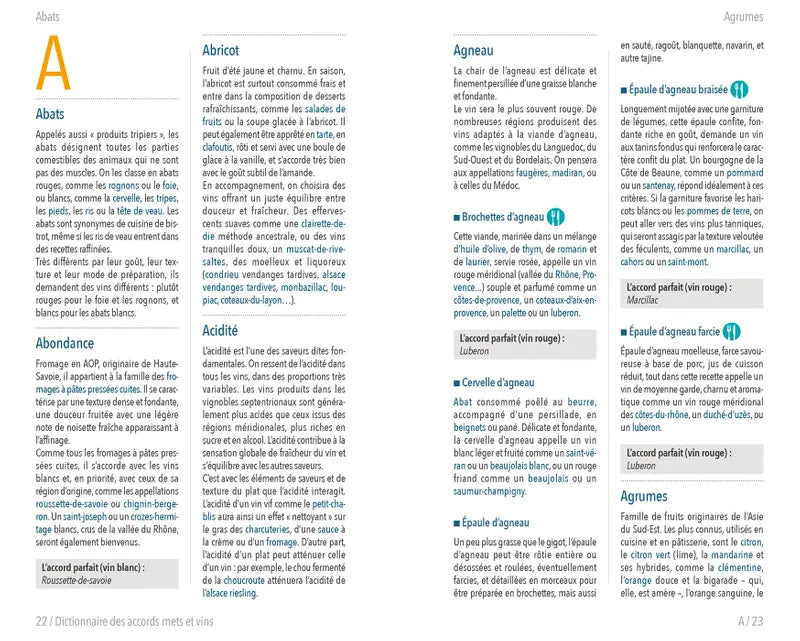 Association par goûts du Petit Dictionnaire des accords mets et vins de Olivier Bompas chez Hachette. 
