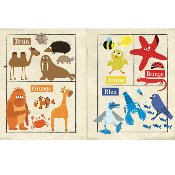 Livre sensoriel pour enfants, thème les couleurs des animaux.