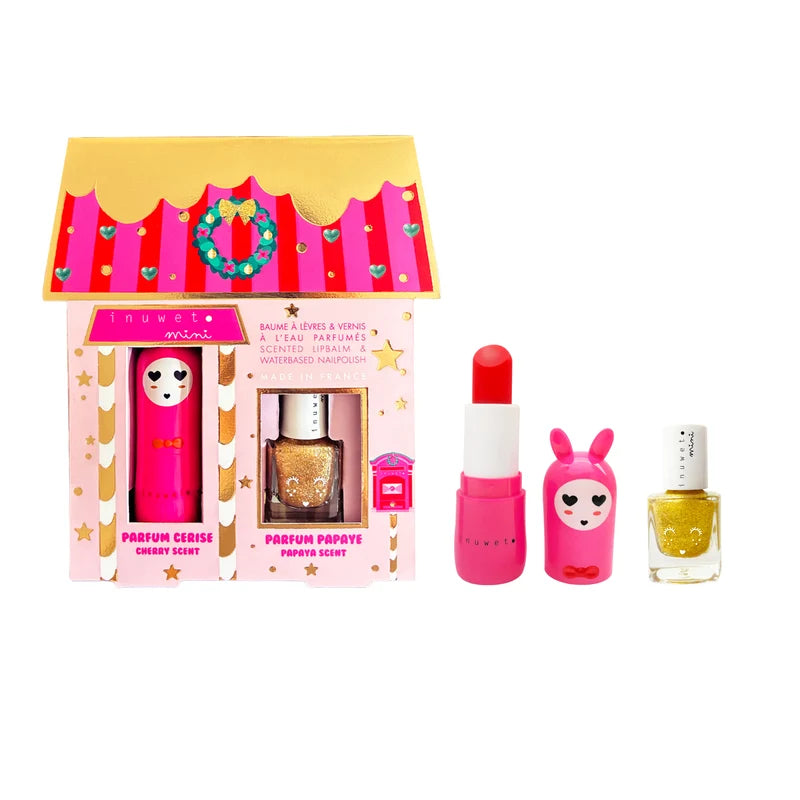Coffret de fête contenant un baume à lèvre à la cerise et un vernis à l'eau à la papaye.