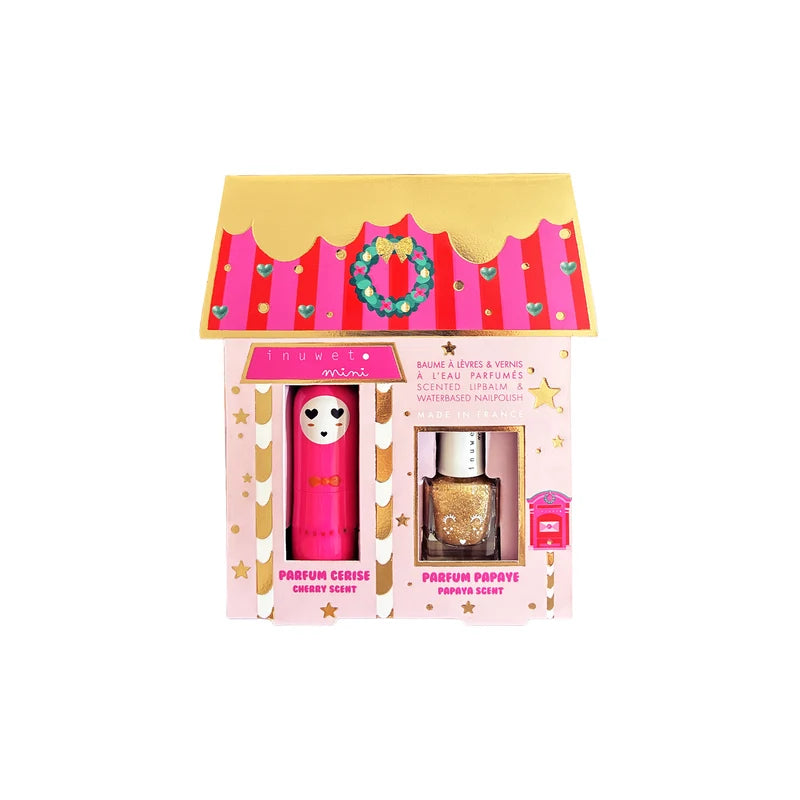 Coffret de fête contenant un baume à lèvre à la cerise et un vernis à l'eau à la papaye.