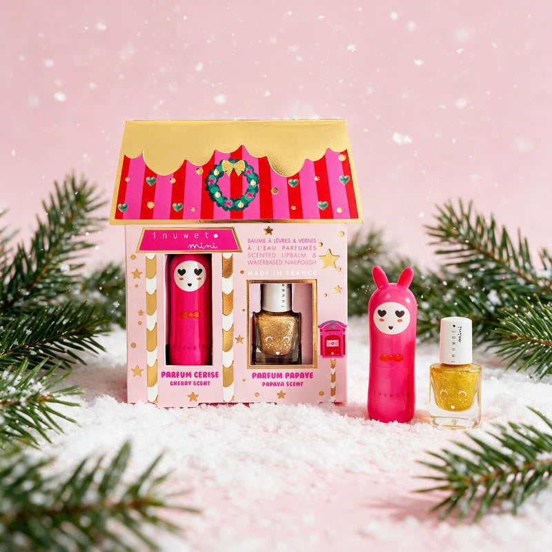 Coffret de fête contenant un baume à lèvre à la cerise et un vernis à l'eau à la papaye.