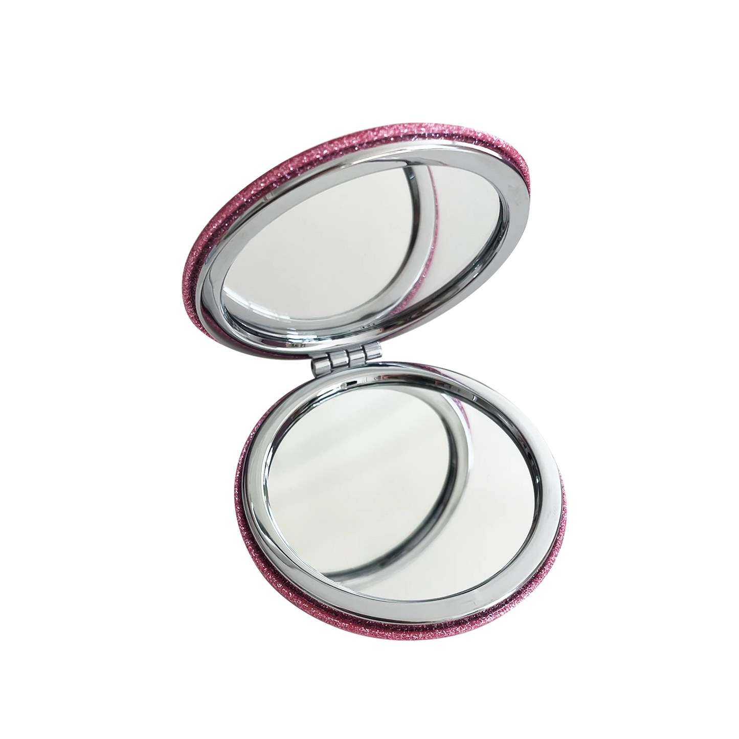 Miroir de poche pailleté rose.