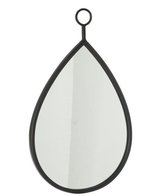 Miroir à suspendre en forme de goutte avec un bord noir. 