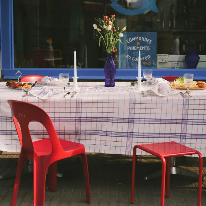 NAPPE A CARREAU ESPRIT TORCHON BLEU ET ROUGE BRODERIE SARDINE - LA PETITE BOITE JAUNE