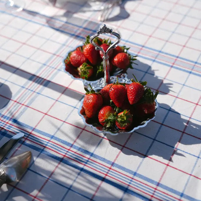 NAPPE A CARREAU ESPRIT TORCHON BLEU ET ROUGE BRODERIE SARDINE - LA PETITE BOITE JAUNE