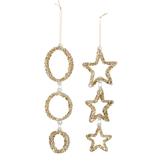 Décoration de Noël à suspendre en verre et paillettes dorées, en forme d'étoiles et de cercles.