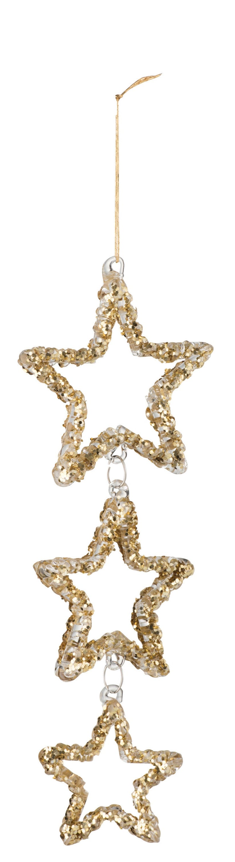 Décoration de Noël à suspendre en verre et paillettes dorées, en forme d'étoiles.